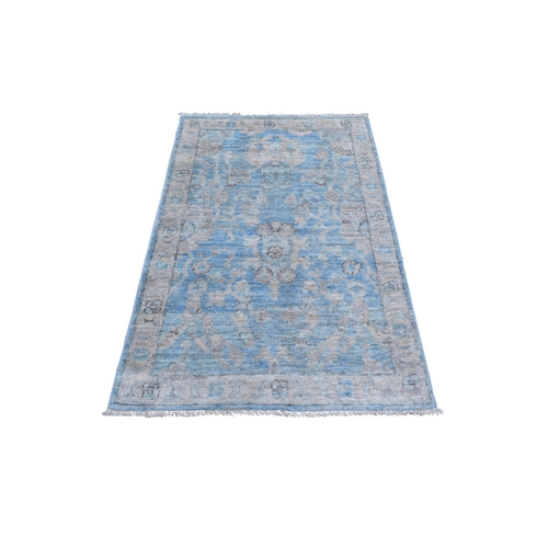 Light Blue, Afghan Angora Oushak with Large Motif, Soft Wool Hand Knotted, Oriental Rug