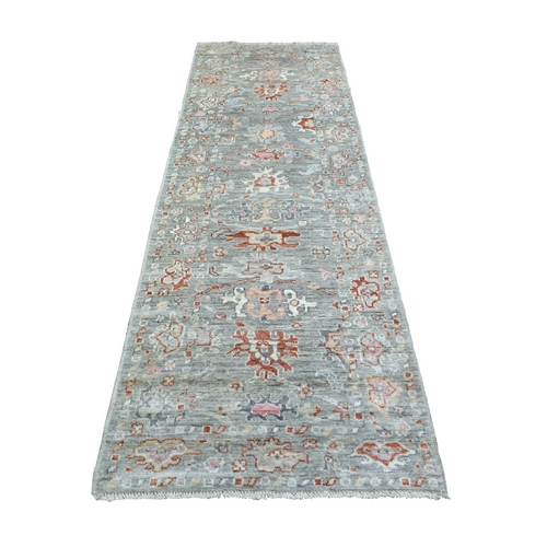 Gray, Afghan Angora Oushak with Colorful Motif, Soft Wool Hand Knotted, Wide Runner Oriental Rug
