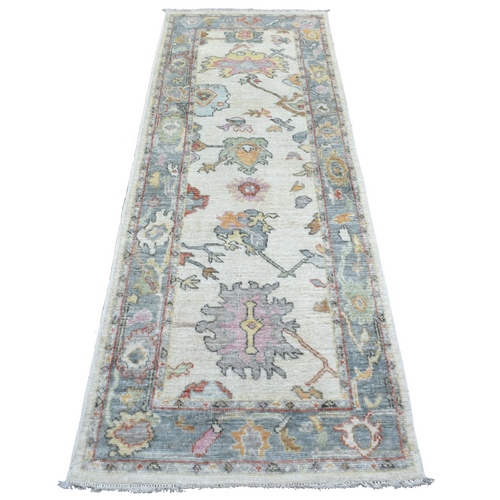 Ivory, Hand Knotted Afghan Angora Oushak with Colorful Motifs, Soft Wool, Runner Oriental Rug