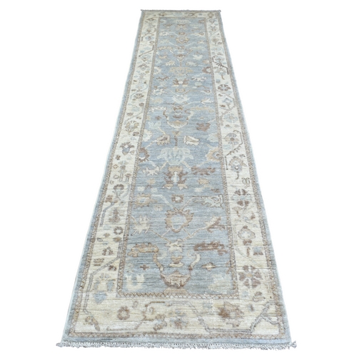 Silver Blue, Afghan Angora Ushak with Soft Colors, Pure Wool Hand Knotted, Runner Oriental Rug