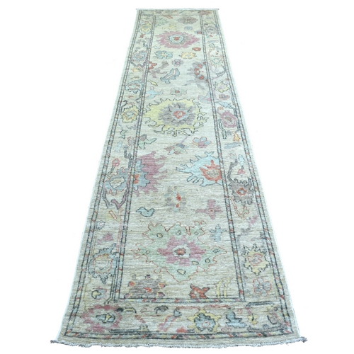 Beige, Hand Knotted Afghan Angora Oushak with Colorful Motifs, Shiny and Soft Wool, Runner Oriental Rug
