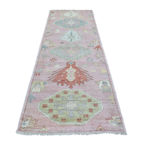 Anatolian Village Inspired with Large Design Elements and Bird Figurines Pure Wool Hand Knotted Soft Pink Oriental Wide Runner 