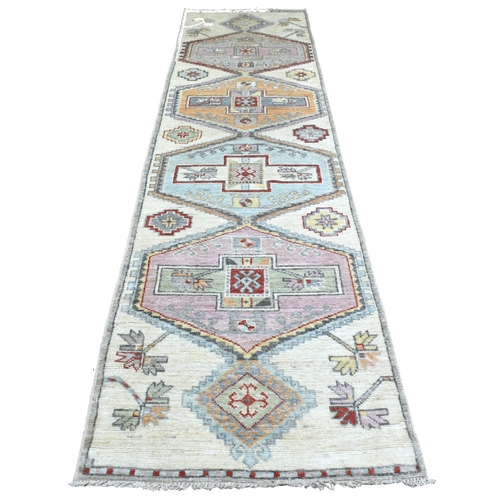 Hand Knotted Gray Anatolian Village Inspired with Large Medallions Design Extra Soft Wool Oriental Wide Runner 