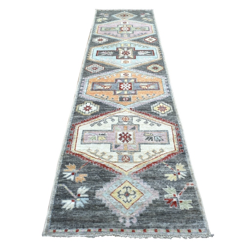 Gray Anatolian Village Inspired with Large Medallions Design Soft, Velvety Plush Wool Hand Knotted Oriental Wide Runner 