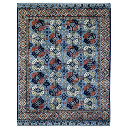 Hand Knotted Blue Afghan Ersari with Geometric Design Afghan Wool Oriental Rug
