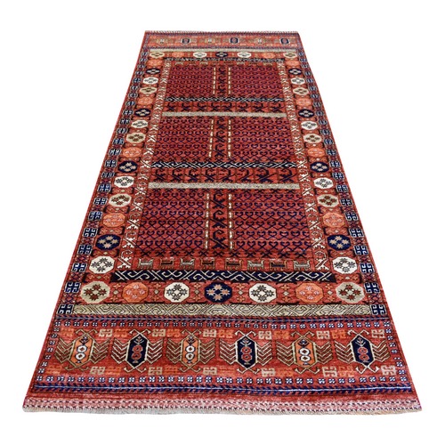 Deep Red Afghan Ersari with Hutchlu Parda Design Soft, Velvety Plush Wool Hand Knotted Oriental Wide Runner Rug