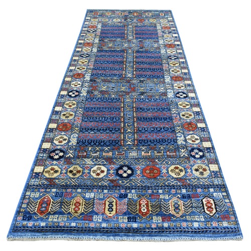 Hand Knotted Extremely Durable Blue Afghan Ersari with Hutchlu Parda Design Soft Wool Oriental Wide Runner 