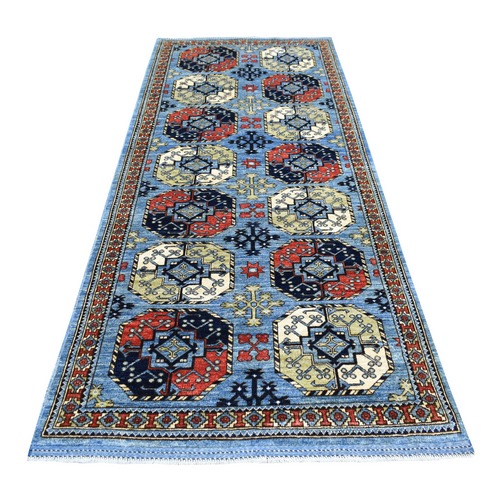 Extra Soft Wool Hand Knotted Blue Afghan Ersari with Hutchlu Parda Design Oriental Wide Runner 