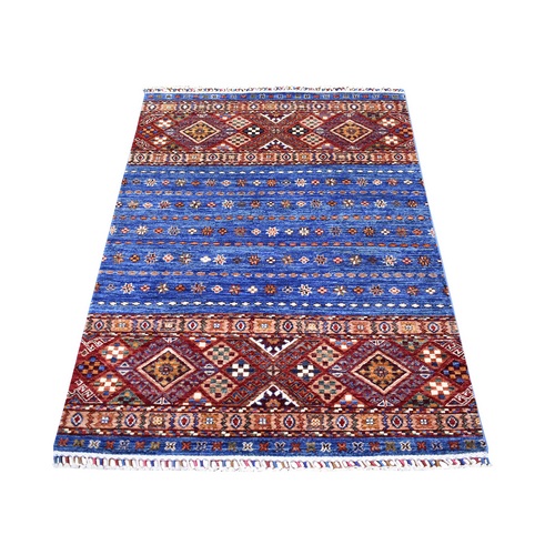 Light Blue, Hand Knotted Afghan Super Kazak, Khorjin Design with Colorful Tassels, Natural Dyes Extra Soft Wool, Oriental 