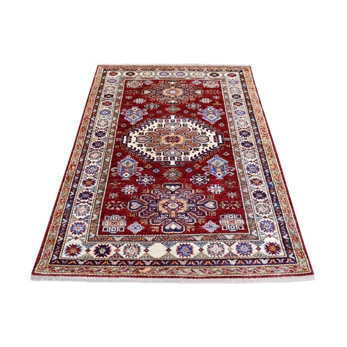 Rich Red Hand Knotted, Afghan Super Kazak with Large Geometric Design, Natural Dyes, Pure Wool Oriental 