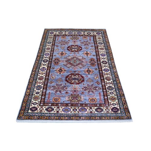Light Blue Afghan Super Kazak with Geometric Medallion Design, Hand Knotted, Natural Dyes, Soft and Shiny Wool Oriental 