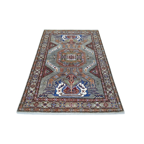 Gray, Natural Dyes, Hand Knotted Afghan Super Kazak with Geometric Medallion Design, Pure Wool Oriental 