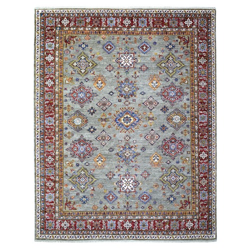 Gray Hand Knotted, Natural Dyes, Afghan Super Kazak with Geometric Medallion Design Pure Wool Oriental 