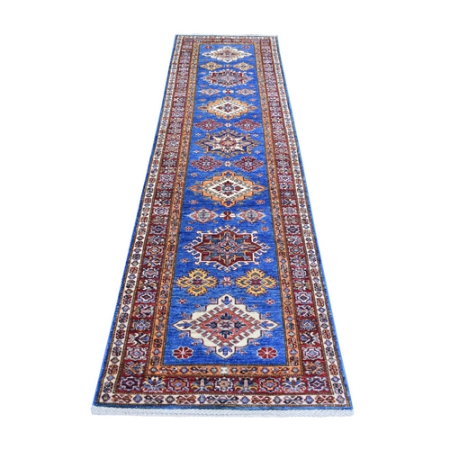 Denim Blue Hand Knotted Afghan Super Kazak with Geometric Medallion Design, Natural Dyes Pure Wool Runner Oriental 