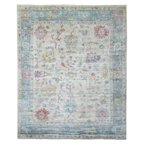 Gray, Pure Wool Hand Knotted, Afghan Angora Ushak with Colorful Pattern, Oriental Rug