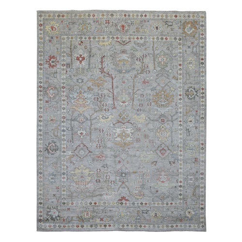 Gray, Afghan Angora Oushak with All Over Leaf Design, Shiny and Soft Wool Hand Knotted, Oriental Rug