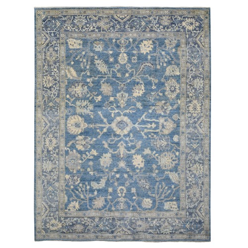 Blue, Hand Knotted Afghan Angora Oushak with All Over Leaf Design, Extra Soft Wool, Oriental Rug