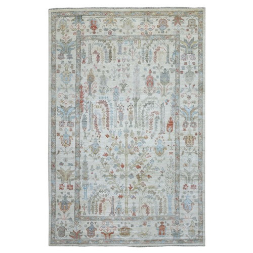 Ivory, Hand Knotted, Afghan Angora Ushak with Cypress and Willow Tree Design, Supple Wool Oriental 
