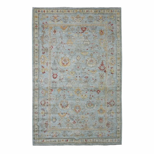 Light Blue, Afghan Angora Oushak with All Over Floral Pattern, Hand Knotted, Natural Wool Oriental 