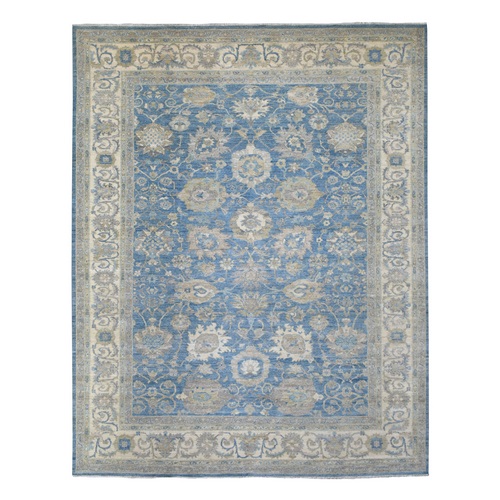 Blue, Natural Dyes Hand Knotted, Densely Woven Fine Peshawar with Mahal Design Pliable Wool, Oriental Rug