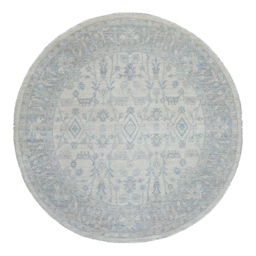 Ivory, Hand Knotted White Wash Peshawar with Leaf Design, Pure Wool Natural Dyes, Round Oriental Rug