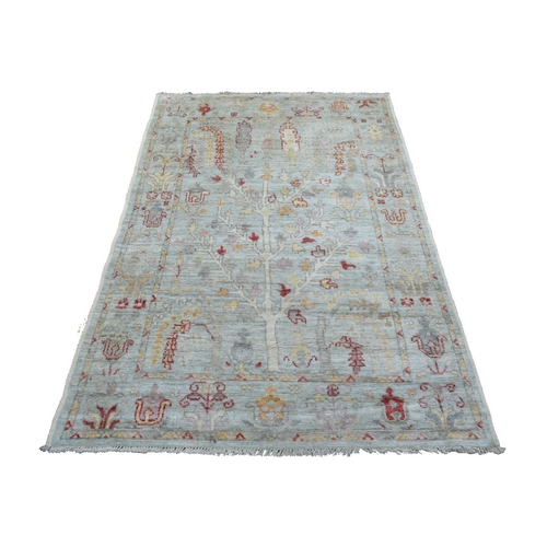Light Blue Angora Ushak with Cypress and Willow Tree Design, Hand Knotted, Natural Afghan Wool Oriental Rug