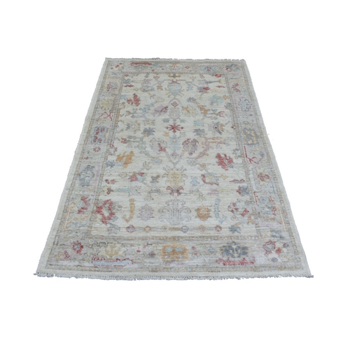 Ivory Afghan Angora Oushak with Beautiful Floral Patten, Hand Knotted, Natural Wool Oriental Rug