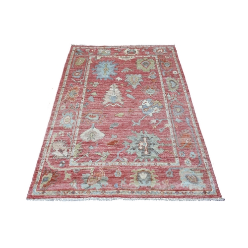 Coral Red, Hand Knotted, Afghan Angora Ushak with Floral Pattern Natural Wool Oriental Rug