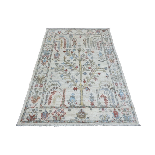 Ivory, Hand Knotted, Afghan Angora Oushak with Cypress and Willow Tree Design, Extra Soft Wool Oriental Rug