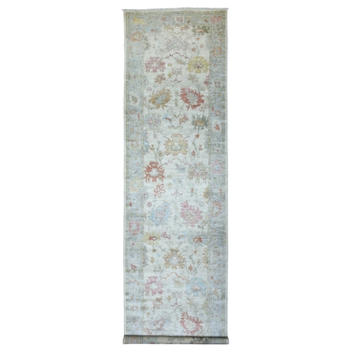 Ivory, Hand Knotted, Angora Ushak with Colorful Leaf Design, Pure Afghan Wool, Wide XL Runner Oriental 