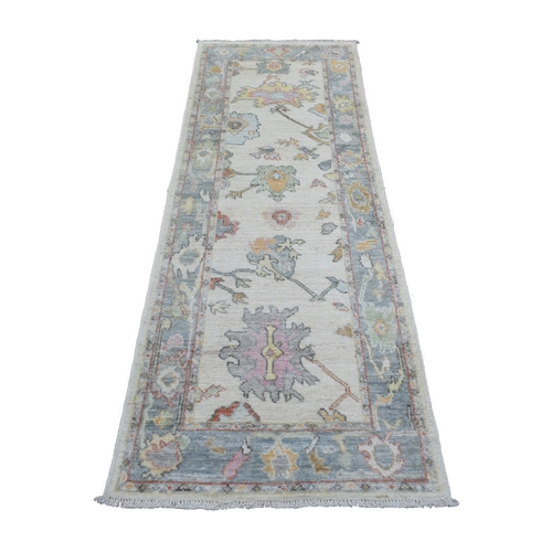 Ivory, Hand Knotted, Afghan Angora Oushak with Large Leaf Design, Extra Soft Wool Runner Oriental Rug