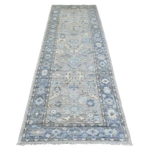 Gray Afghan Angora Ushak with Soft Colors, Hand Knotted, Extra Soft Wool Wide Runner Oriental Rug
