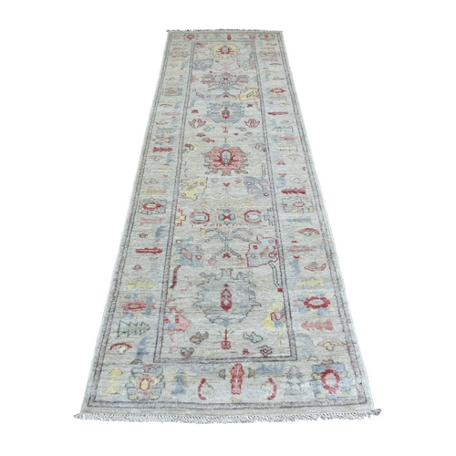 Ivory, Hand Kotted, Afghan Angora Oushak with Large Leaf Design, Organic Wool Runner Oriental Rug