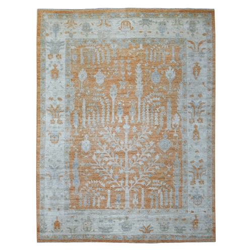 Almond Brown, Natural Wool, Afghan Angora Oushak with Cypress and Willow Tree Design, Hand Knotted, Oriental Rug