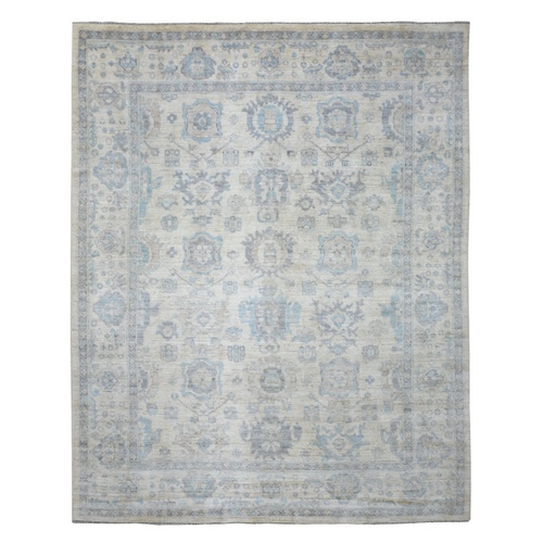 Ivory, Hand Knotted, Afghan Angora Oushak with All Over Motifs, Natural Wool Oriental Rug