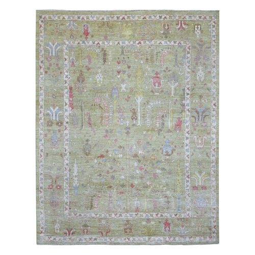 Lime Green Hand Knotted, Afghan Angora Oushak with Cypress and Willow Tree Design, Natural Wool Oriental Rug