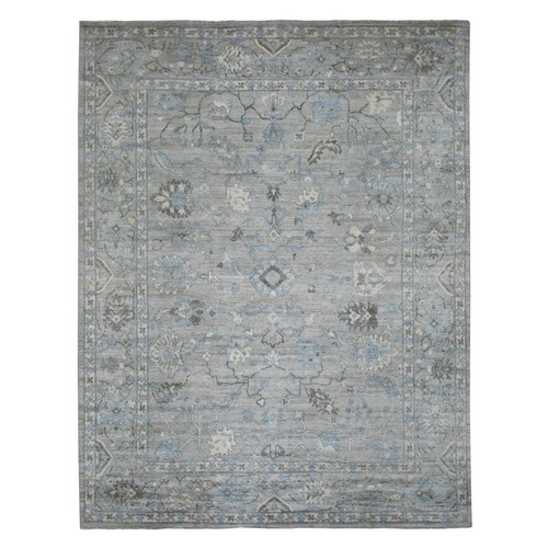 Dark Gray, Hand Knotted, Afghan Angora Oushak with Beautiful Floral Motifs Design, Pure Wool Oriental Rug