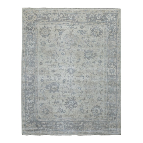 Ivory Afghan Angora Oushak with Floral Pattern, Hand Knotted, Soft and Shiny Wool Oriental Rug