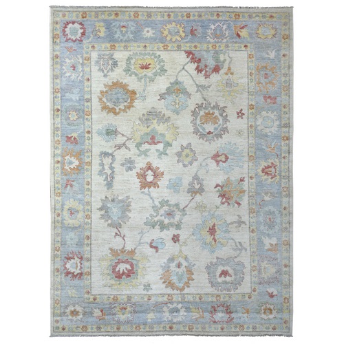 Ivory, Hand Knotted, Afghan Angora Oushak with Colorful Leaf Design, Pure Wool Oriental Rug
