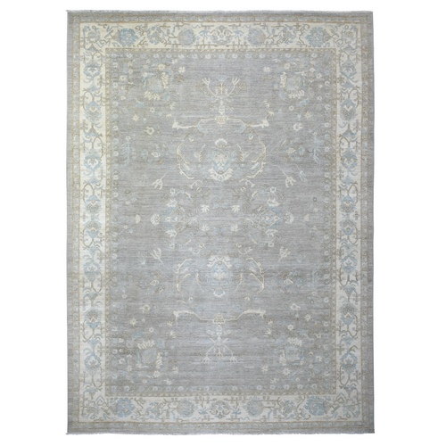 Gray, Natural Dyes Hand Knotted, Stone Washed Peshawar with Small Motifs Afghan Wool, Oriental Rug