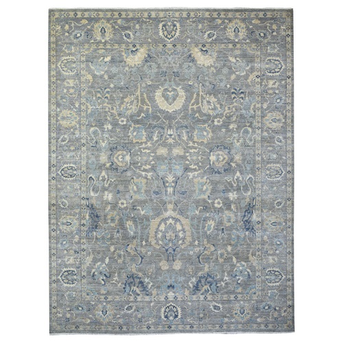 Gray, Densely Woven Fine Peshawar with Mahal Design, Pliable Wool Natural Dyes Hand Knotted, Oriental Rug