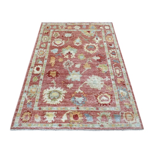 Coral Red Hand Knotted, Afghan Angora Oushak with Colorful Leaf Design, Pure Wool Oriental Rug