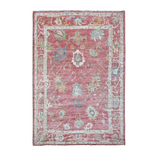 Coral Red, Hand Knotted, Afghan Angora Ushak with Colorful Leaf Design, Natural Wool Oriental Rug