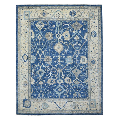 Denim Blue, Organic Wool, Afghan Angora Ushak with All Over Motifs, Hand Knotted, Oriental Rug