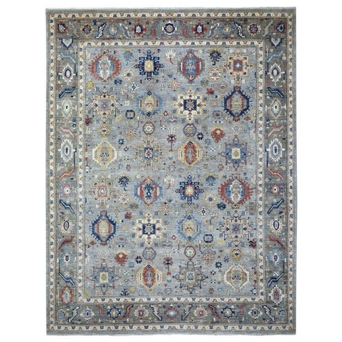 Gray, Densely Woven Fine Peshawar with Karajeh Design Pop of Color, Extra Soft Wool Natural Dyes Hand Knotted, Oriental Rug
