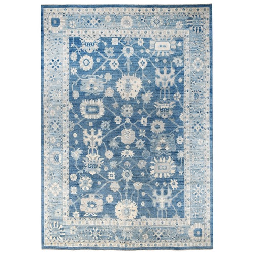 Denim Blue, Afghan Angora Oushak with All Over Motifs, Hand Knotted, Supple Wool, Oversized Oriental 