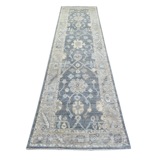 Charcoal Gray, Afghan Angora Ushak with All Over Motifs and Serrated Leaf Border, Hand Knotted, Extra Soft Wool, Runner Oriental 
