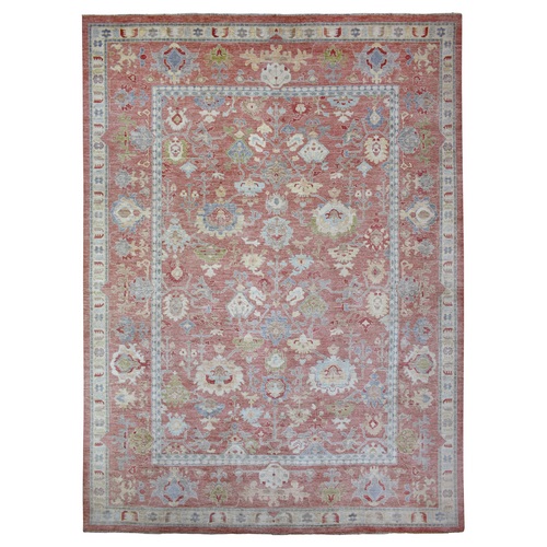 Coral Red, Afghan Angora Ushak with All Over Motifs, Hand Knotted, Pure Wool Oversized Oriental Rug