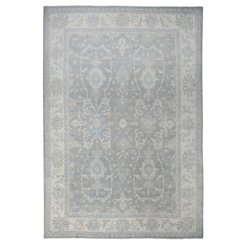 Gray, Natural Dyes Hand Knotted, Stone Washed Peshawar Soft Wool, Oversized Oriental Rug