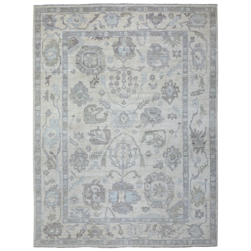 Ivory, Hand Knotted, Afghan Angora Oushak with Large Leaf Design, Extra Soft Wool Oriental Rug